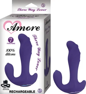 Amore Three Way Lover Silicone 5.91in. Silicone Multispeed Waterproof G Spot. Clitoral & Anal Stimulating USB Rechargable Vibe (Purple)