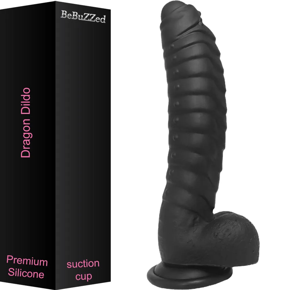 Bebuzzed Dragon 8.5 Scaled Ribbed Dildo Liquid Silicone Black