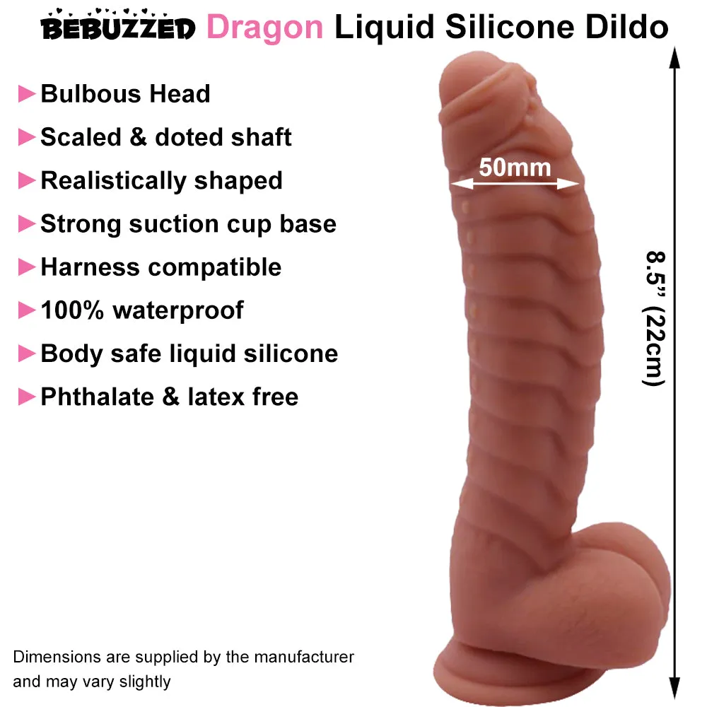 Bebuzzed Dragon 8.5 Scaled Ribbed Dildo Liquid Silicone Brown