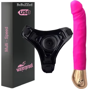 Bebuzzed Giddy Set Realistic Veined Vibrator USB Rechargeable Pink and Harness