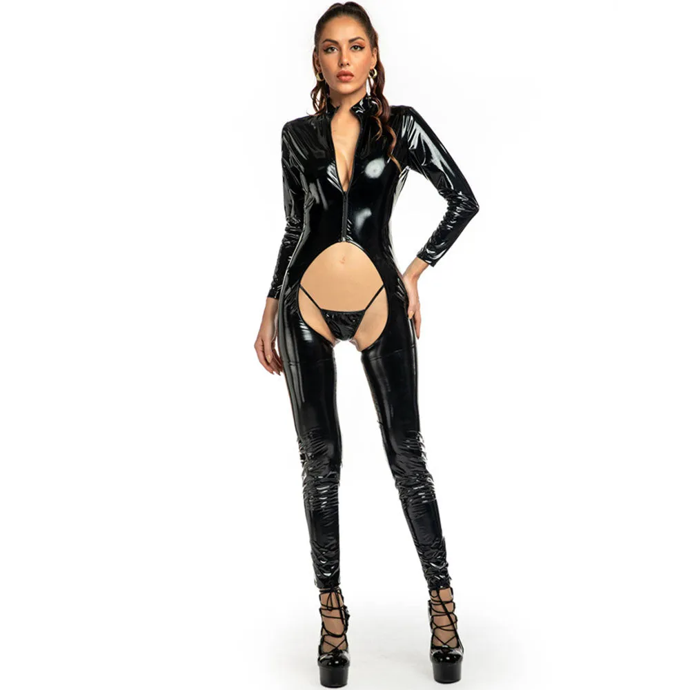 Plus Size PVC Catsuit Latex Open Crotch Jumpsuit One Piece Zipper Full Body Suit