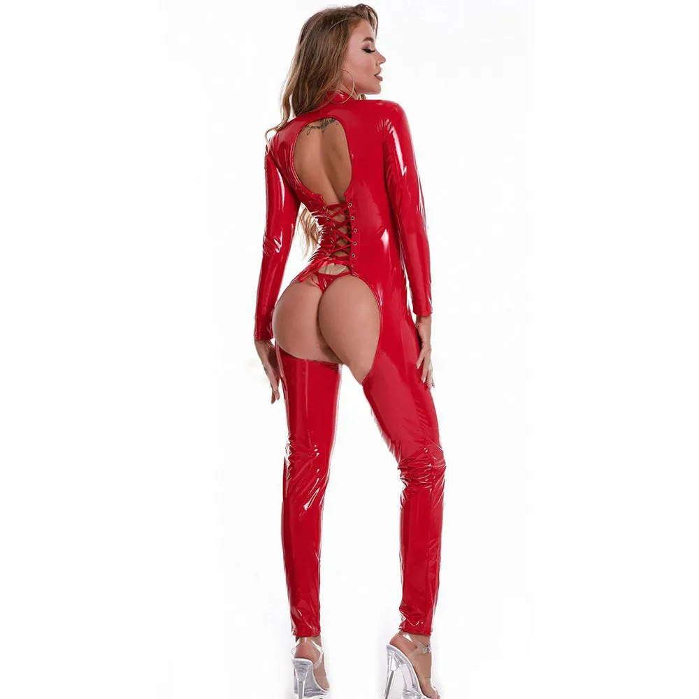 Plus Size PVC Catsuit Latex Open Crotch Jumpsuit One Piece Zipper Full Body Suit