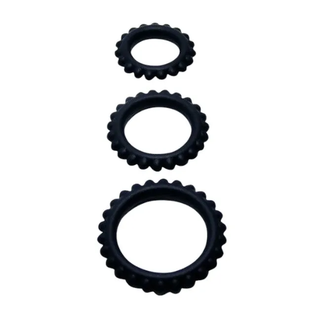 Set 3 inele pentru penis BAILE Titan. pentru întârzierea ejaculării. din silicon. diametre 1.9 cm. 2.4 cm și 2.8 cm. negru