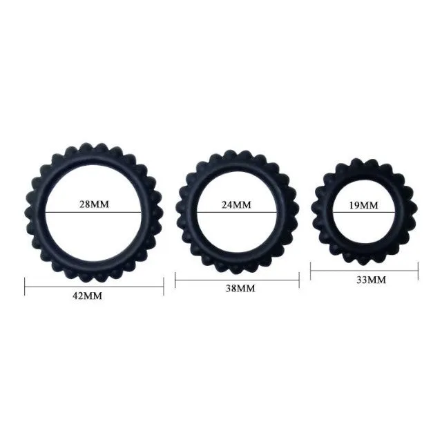 Set 3 inele pentru penis BAILE Titan. pentru întârzierea ejaculării. din silicon. diametre 1.9 cm. 2.4 cm și 2.8 cm. negru