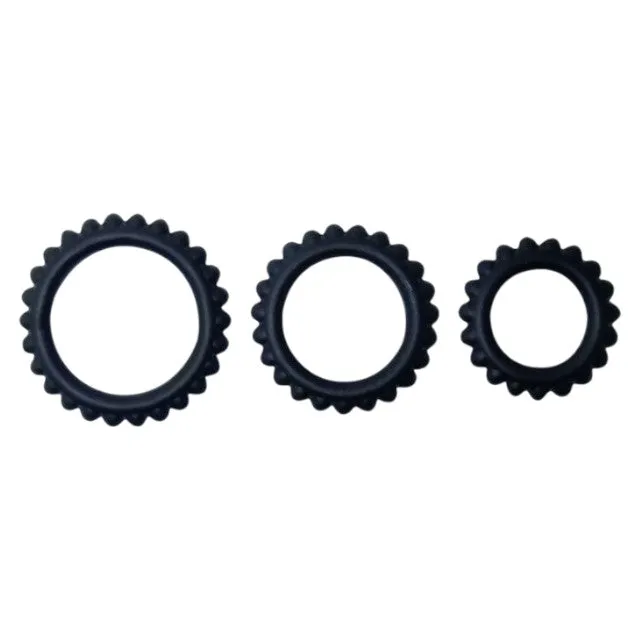 Set 3 inele pentru penis BAILE Titan. pentru întârzierea ejaculării. din silicon. diametre 1.9 cm. 2.4 cm și 2.8 cm. negru