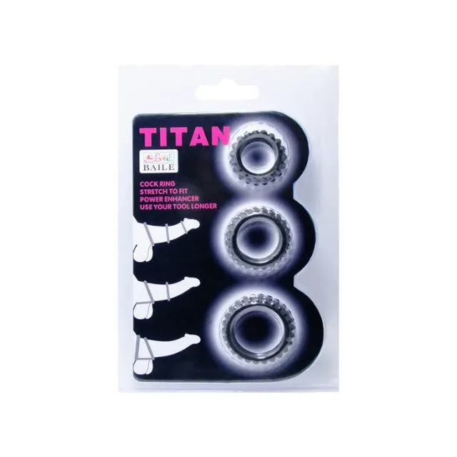 Set 3 inele pentru penis BAILE Titan. pentru întârzierea ejaculării. din silicon. diametre 1.9 cm. 2.4 cm și 2.8 cm. negru