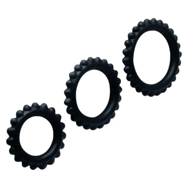 Set 3 inele pentru penis BAILE Titan. pentru întârzierea ejaculării. din silicon. diametre 1.9 cm. 2.4 cm și 2.8 cm. negru