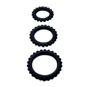 Set 3 inele pentru penis BAILE Titan. pentru întârzierea ejaculării. din silicon. diametre 1.9 cm. 2.4 cm și 2.8 cm. negru