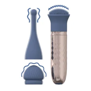 Vibrator LOVELINE The Thrill. cu 3 capete interschimbabile. din silicon premium. 10 funcții de vibrație. culoare albastru