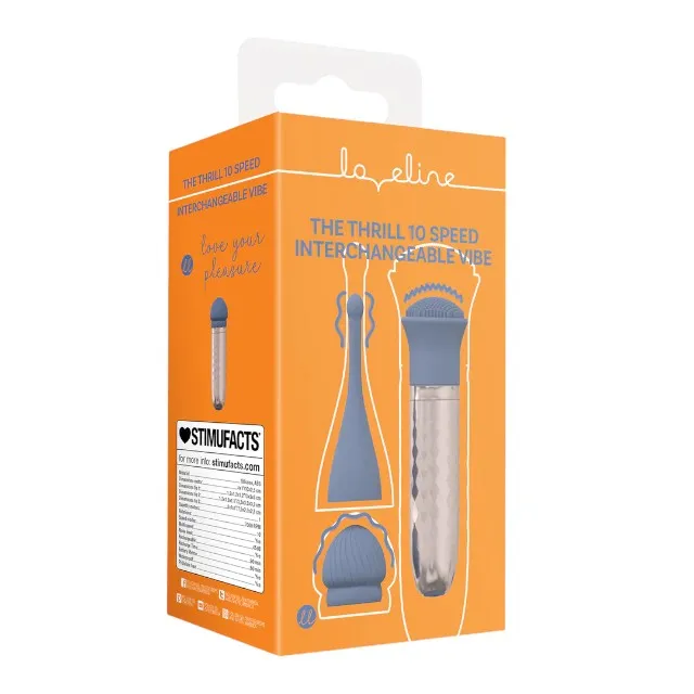Vibrator LOVELINE The Thrill. cu 3 capete interschimbabile. din silicon premium. 10 funcții de vibrație. culoare albastru