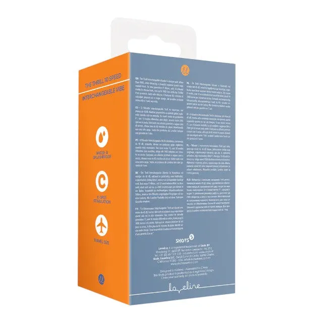 Vibrator LOVELINE The Thrill. cu 3 capete interschimbabile. din silicon premium. 10 funcții de vibrație. culoare albastru