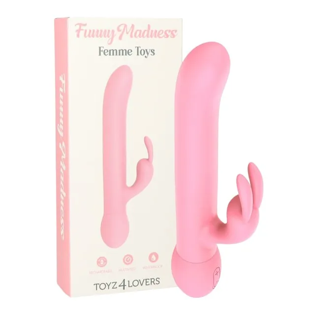 Vibrator rabbit TOYZ4LOVERS Funny Madness Femme Toys. cu vibrații multiple. rezistent la apă. lungime 22.7 cm. roz