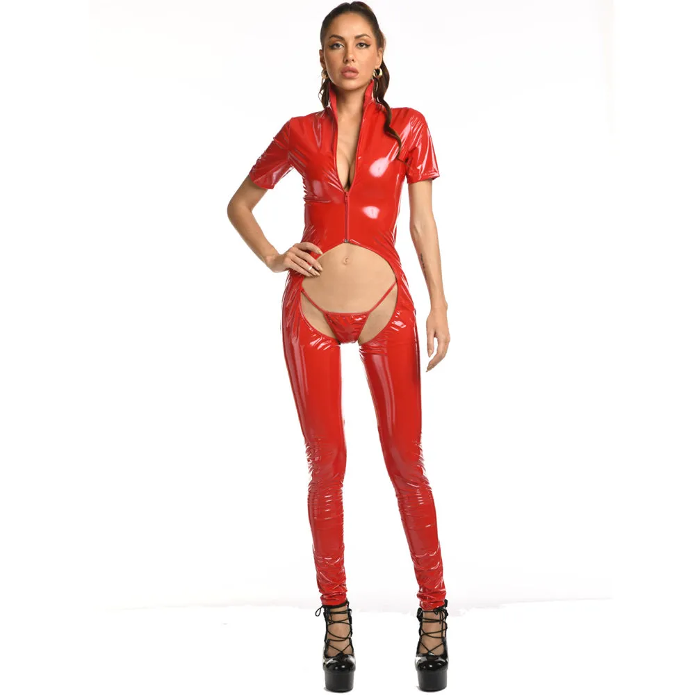 Yomorio Plus Size Crotchless Catsuit Short Sleeve Latex Jumpsuit One Piece Zip Up Bodysuit