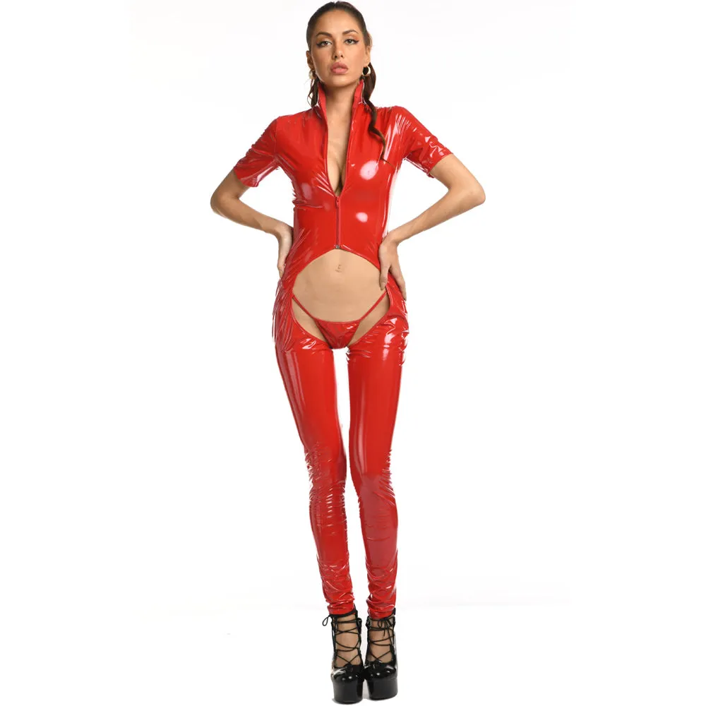 Yomorio Plus Size Crotchless Catsuit Short Sleeve Latex Jumpsuit One Piece Zip Up Bodysuit